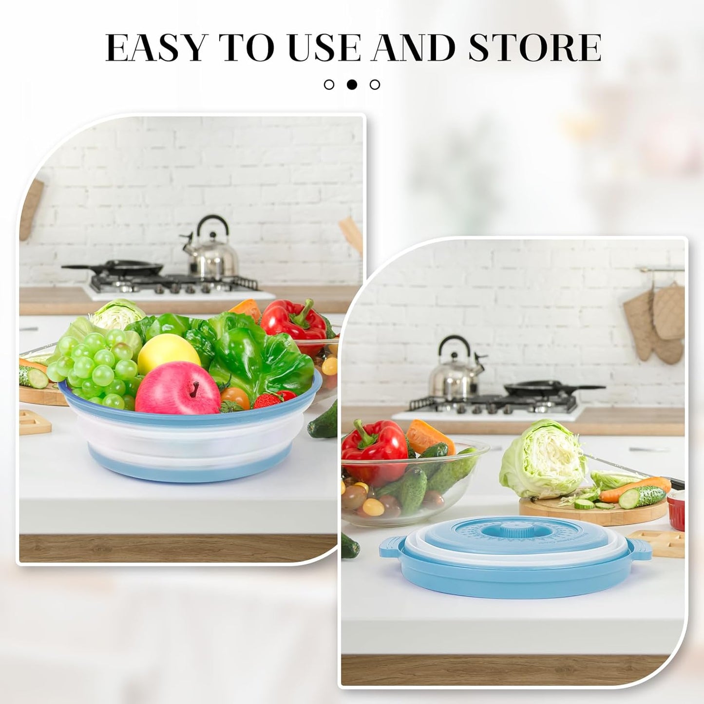 10.7 Inch Microwave Food Cover with Heat Insulation Mat, Anti-Scald Collapsible Microwave Splatter Cover, Multi-Functional as Colander & Fruit Plate, Dishwasher Safe, Ideal for Meal Prep (Blue)