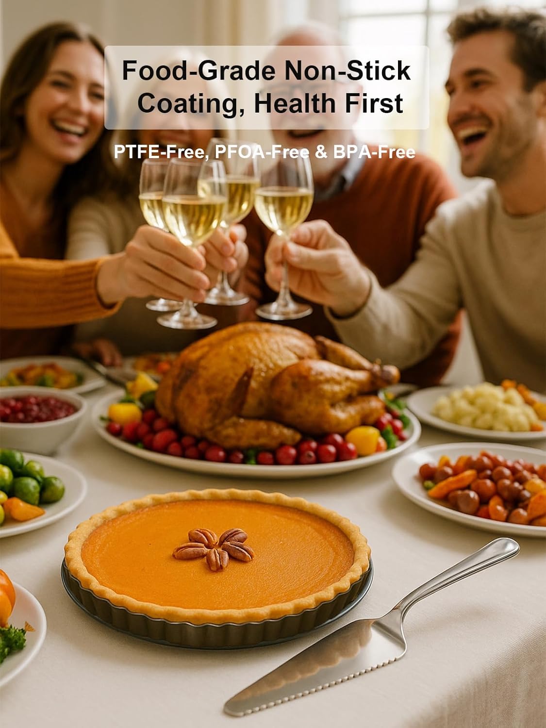 10 Inch Round Quiche Pans with Pie Cake Server. Removable Bottom, Non-Stick Coating, Rugged Carbon Steel for Tart Quiche Pie Baking. Gift for Women Wife Christmas Thanksgiving Party Festival