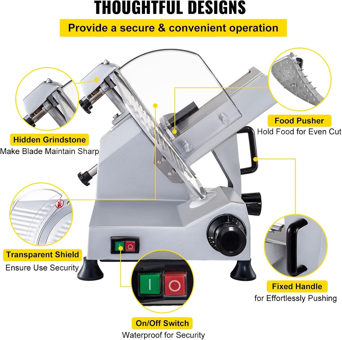 VEVOR Commercial Meat Slicer, 320W Electric Deli Food Slicer, 12 inch Carbon Steel Blade Electric Food Slicer, 350-400RPM Meat Slicer, 0-0.6 inch Adjustable Thickness for Cheese, Veggies, Ham