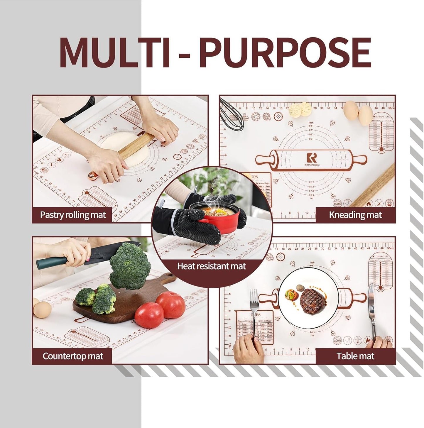 Silicone Baking Mat, Extra Thick Dough Rolling Pad with Measurements and Edge Heightening, Non-stick Food Grade Silicone Pastry Mat for Pastry, Bread, Cookies (Transparent, 16"L x 24"W)