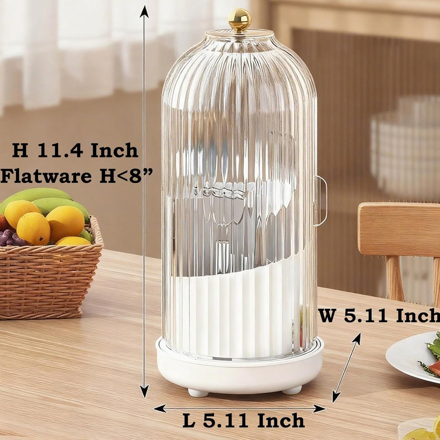 JEESA Utensil Holder with Lid, 360° Rotating Flatware Organizer for Cutlery Spoon Fork(H Less 8"), Silverware Caddy Organizer Drainage Dustproof Flatware Holder Kitchen Countertop Storage, White