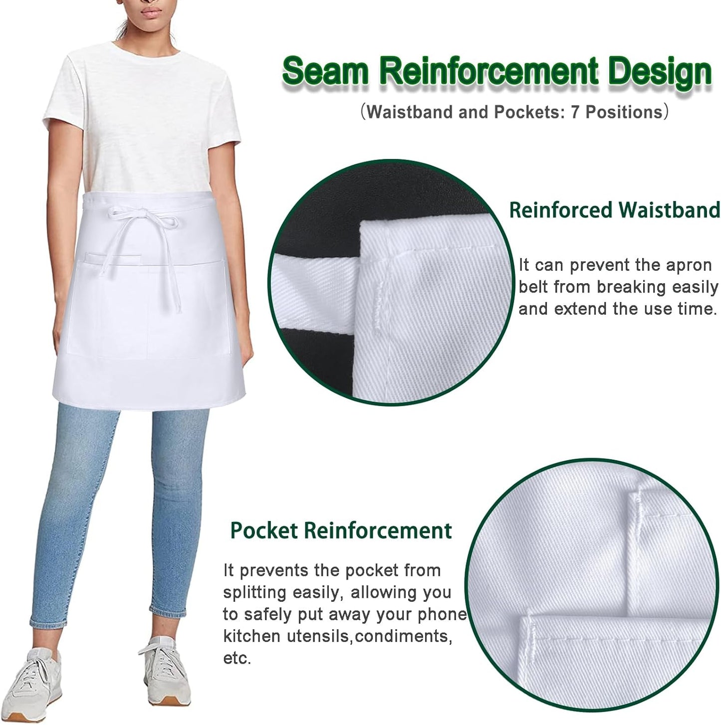 4 Pack Short Server Waitress Chef Apron, White Waist Aprons with 3 Pockets for Women Men, Half Apron for Waiter Cooking Dishwashing Cleaning Painting Gardening Barbecue (Polycotton - White)