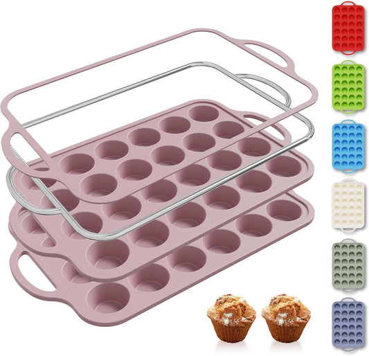 2 Packs 24 Cups Silicone Muffin Pan with Metal Reinforced Frame Mini Size Cupcake Pan Tray Egg Bites Silicone Circle Cookie Molds Muffin Tin Tart Pans Baking Sheet Set for Breakfast Sandwiches
