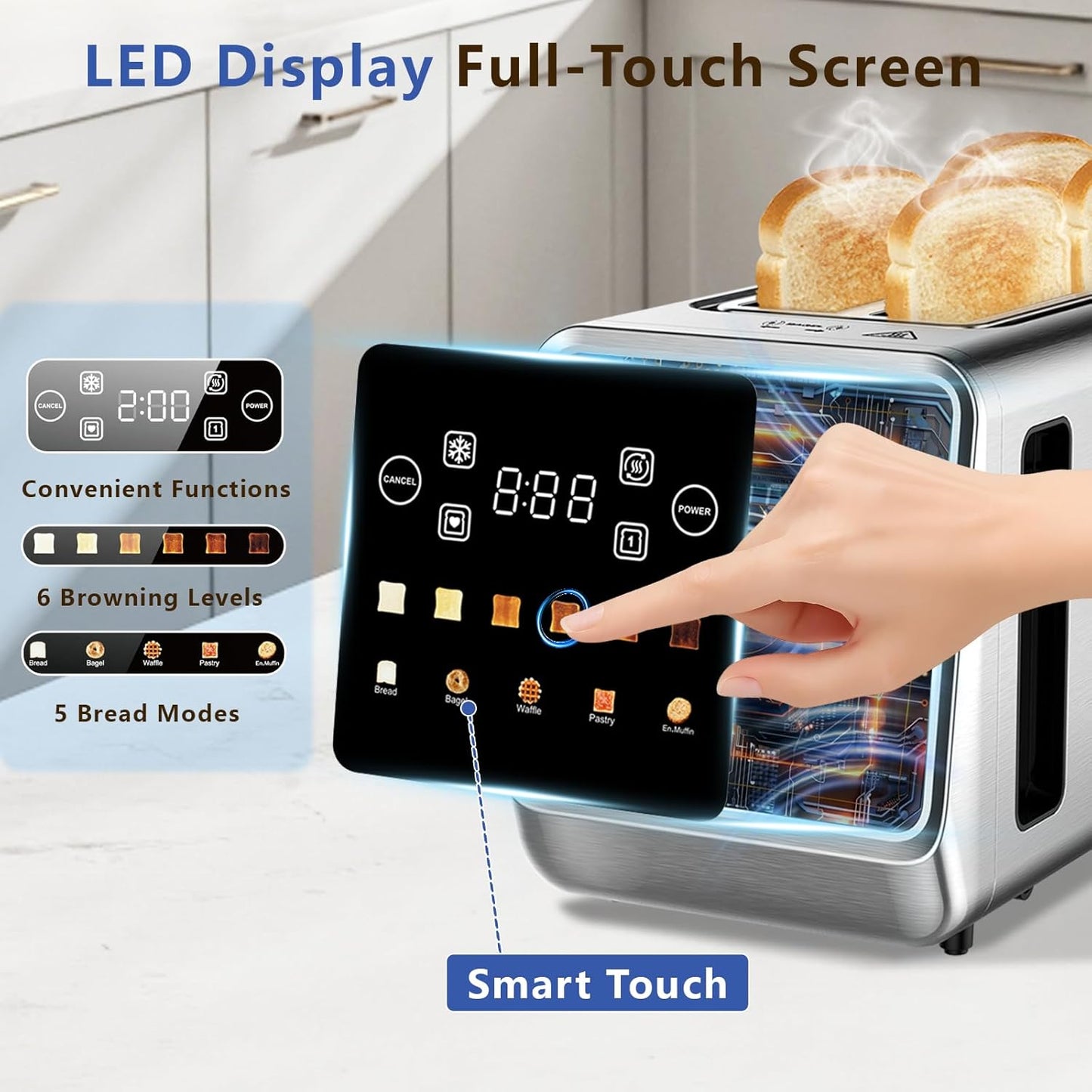 Smart Toaster 4 Slice, Touch Screen, Digital Toasters with 6 Browning Levels & 5 Bread Types, Bagel, Extra Long Wide Slots, Memory Function, Timer, 1400W, Stainless Steel