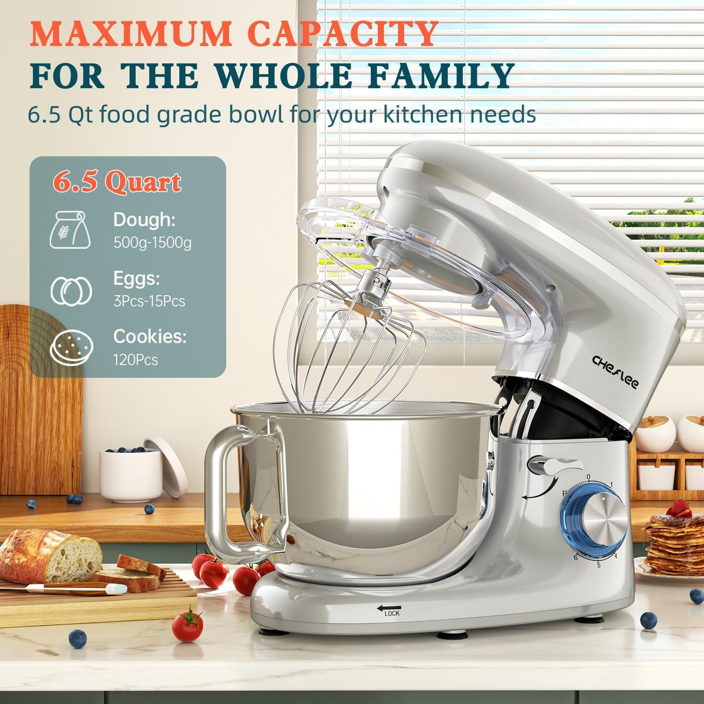CHeflee Stand Mixer,660W 6+P With 6.5QT Stainless Steel Bowl,Dough Hook, Wire Whip & Beater,for Most Home Cooks,Silver