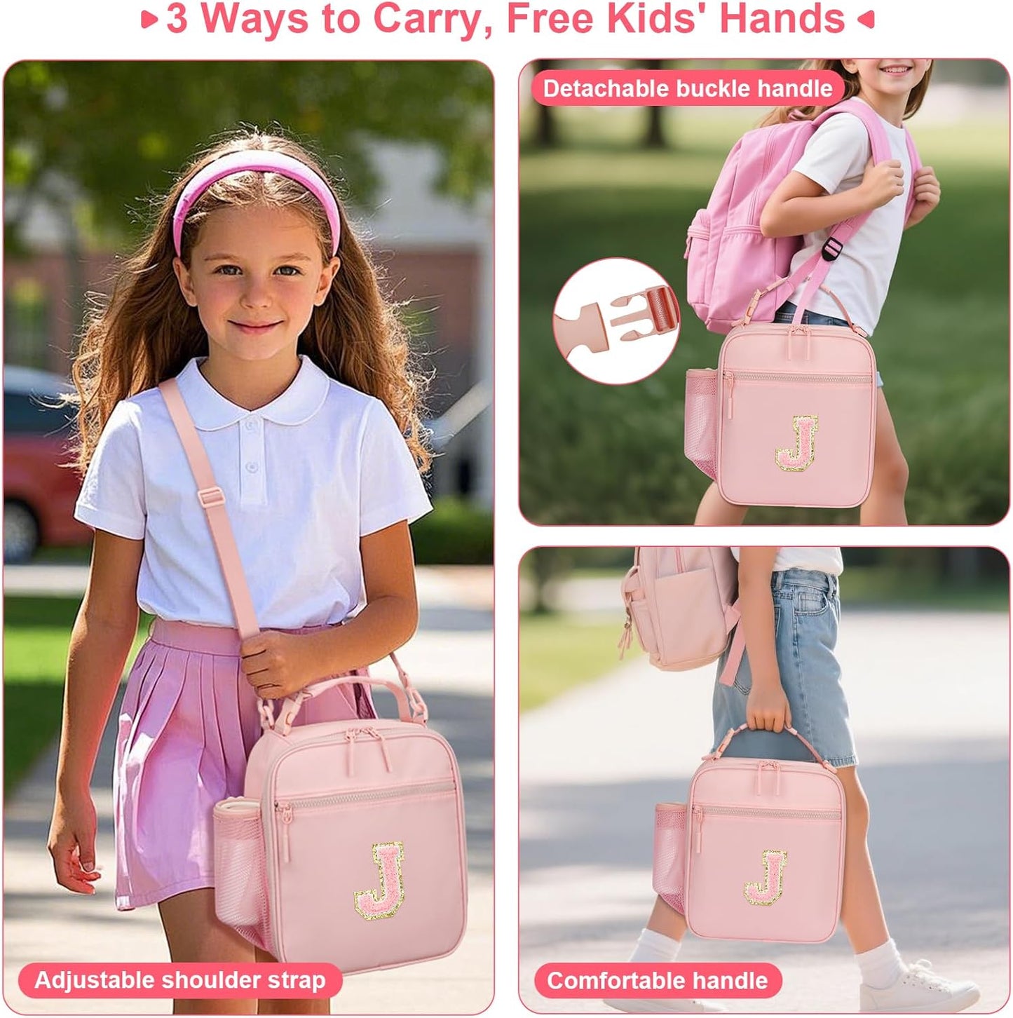 Initial Insulated Lunch Bag for Girls Kids, Back to School Gift, Reusable Leak-proof Lunch Box with Adjustable Strap for School Daycare Travel Picnic (Pink,J)