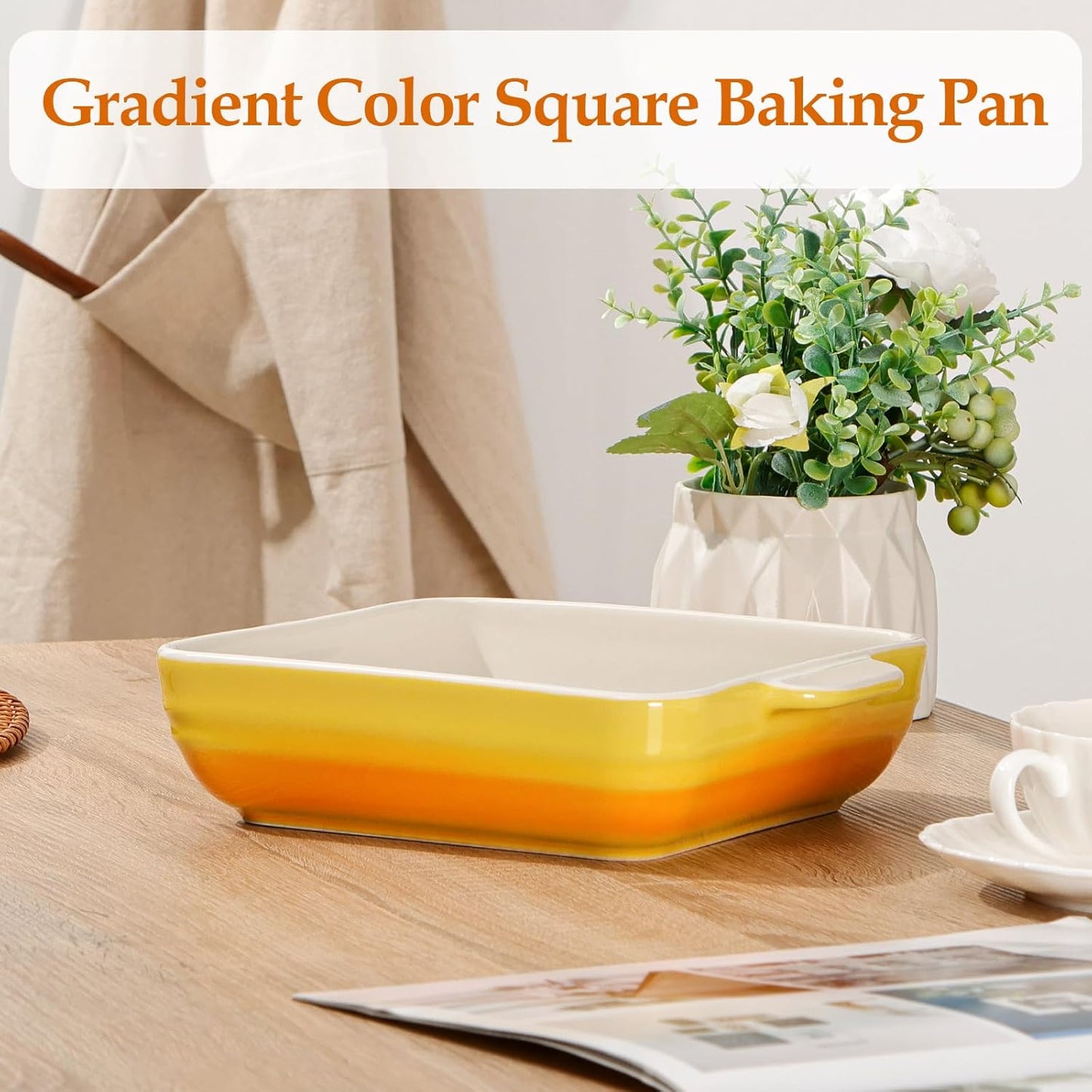 NUTRIUPS 8x8 inch Square Baking Dish, 50 Oz /1.6 Qt Ceramic Baking Pan with Handles, Casserole Dish for Oven, Porcelain Bakeware (Gradient Yellow)