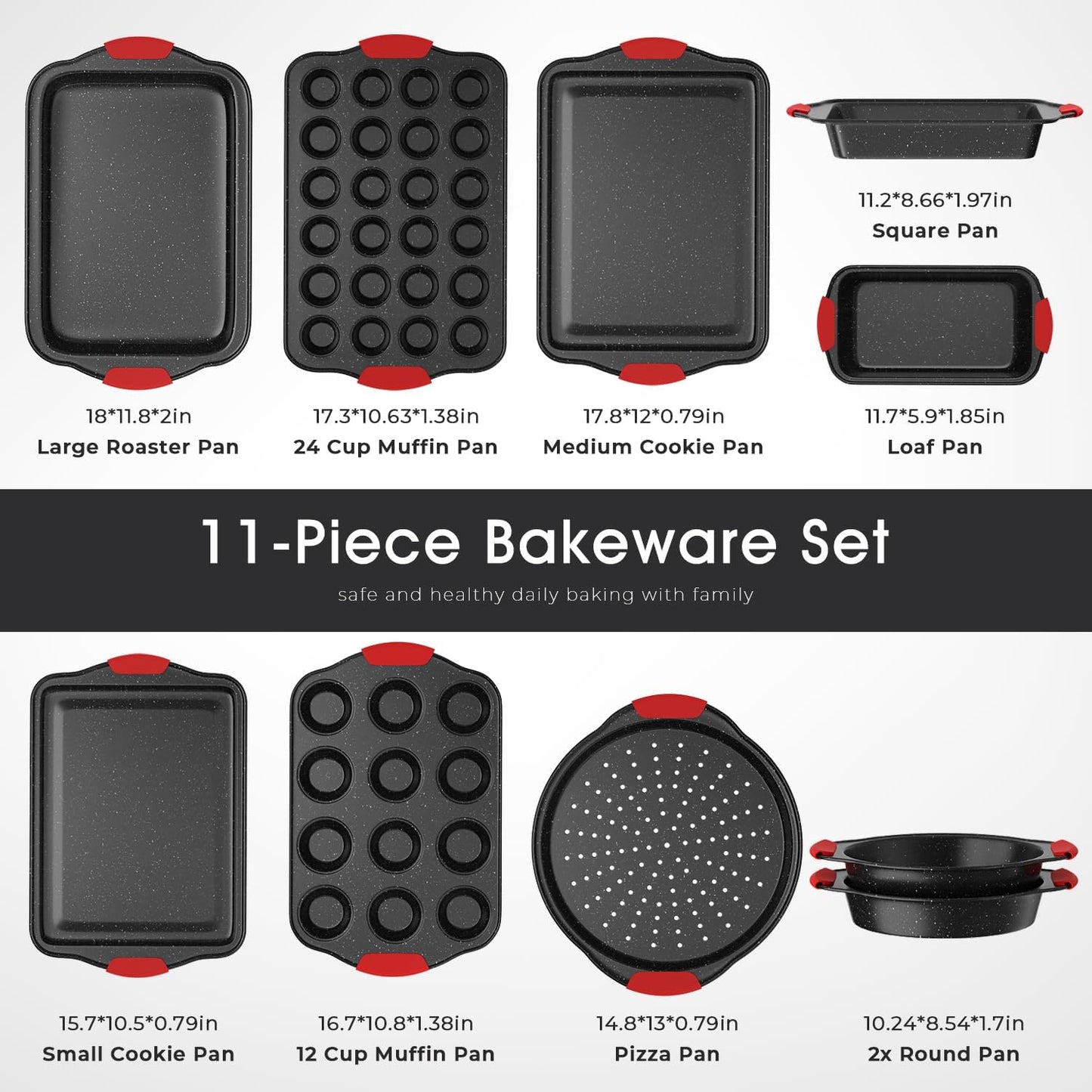 11-Piece Nonstick Stackable Baking Pans Set, Toxin-Free Bakeware Sets, Baking Pan Set with Silicone Handles, Includes Cookie Sheets, Loaf Pan, Pizza Pan, Muffin Pan, Red&Black