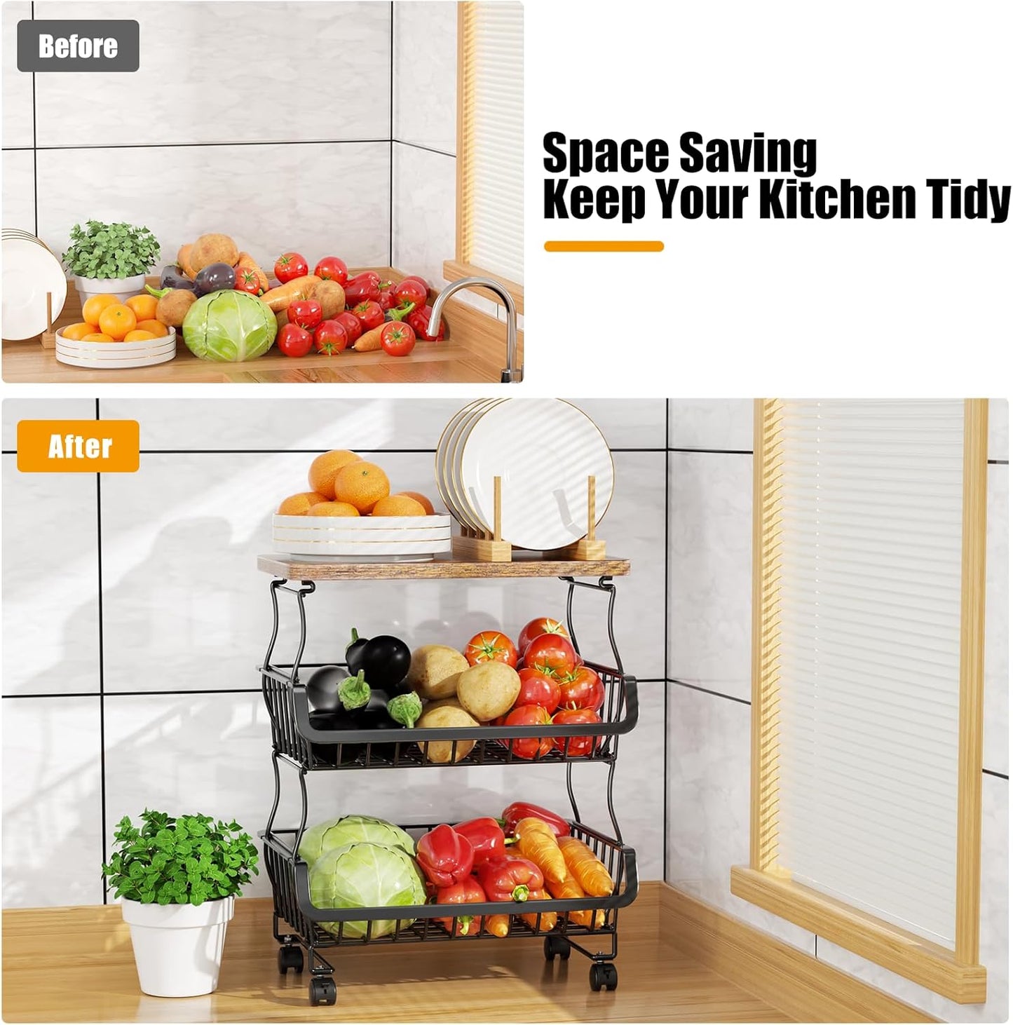 Fruit Vegetable Basket for Kitchen, 5 Tier Stackable Fruit Vegetable Storage Baskets with Wheels, Metal Wire Storage Basket Organizer Baskets for Kitchen, Pantry, Bathroom