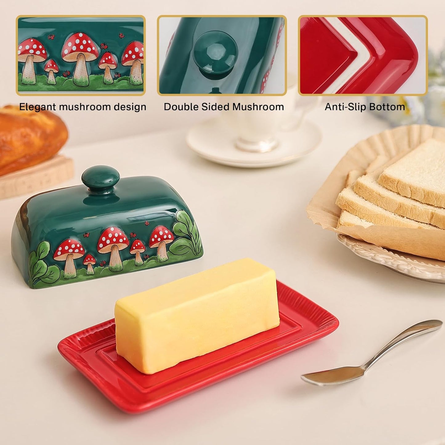 Fungi Fun Mushroom Butter Dish With Lid For Countertop Ceramic Butterdish, Red Mushroom Butter Container, Butter Tray Large Butter Dish Covered (Dark Green, Standard)