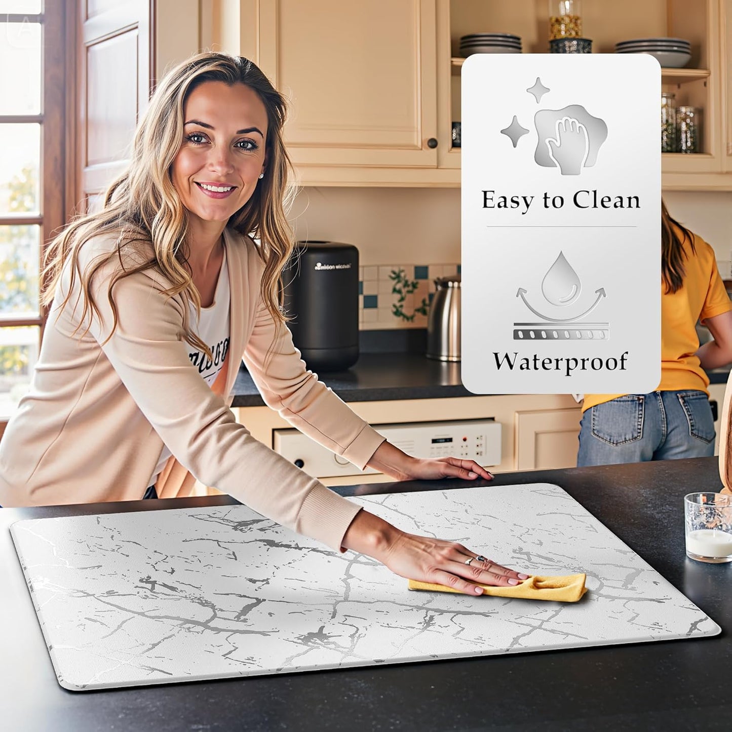 Silver Foil Stamped Marble Kitchen Mats for Floor 2PCS Cushioned Anti Fatigue Non Slip Waterproof Comfort Leather Kitchen Rugs 2/5 Inch PVC Kitchen Mats for Sink, Laundry, 17.3"x28"+17.3"x59",White