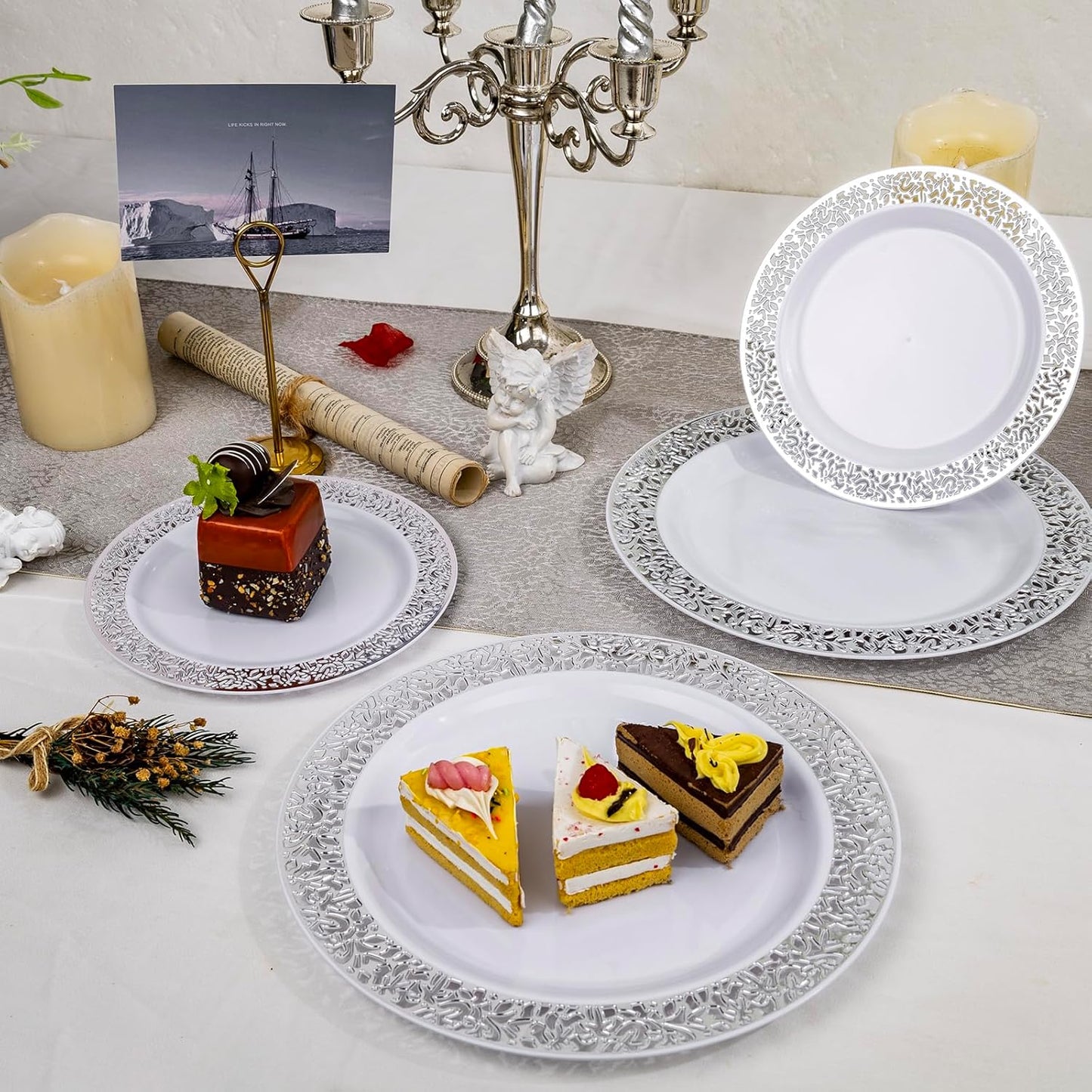 I00000 200 Pieces Silver Plastic Plates, Disposable Plastic Plates for 100 Guests Include: 100 Pcs Dinner Plate 10.25” and 100 Pcs Dessert Plate 7.5” with Silver Lace Rim Perfect for Wedding & Party
