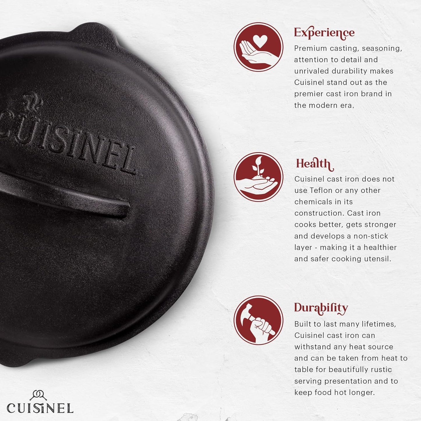Cuisinel Cast Iron Lid - Fits 8"-Inch / 20.32cm Lodge Skillet, Frying Pans or Braiser + Silicone Handle Holder + Care Guide - Pre-Seasoned Replacement Cover - Indoor/Outdoor, Oven, Open Fire, BBQ Safe
