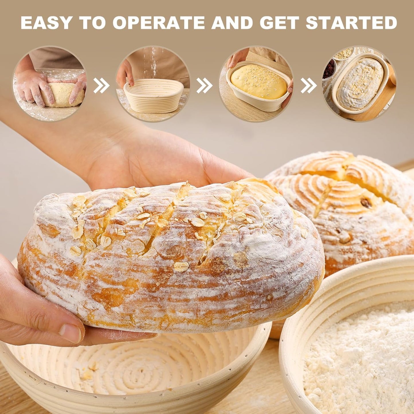 Banneton Bread Proofing Basket - Banneton Basket Set of 4 Pack 8 inch Oval Sourdough Proofing Basket with Liner - Handmade Rattan Proofing Rising Bowl for Artisan Bread Making Baking Supplies