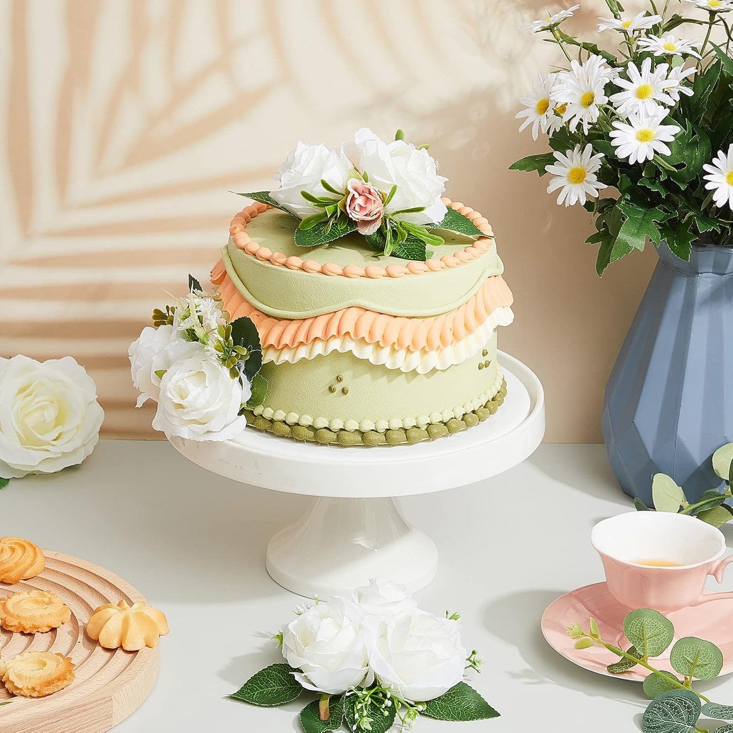 Taiyin 9 Pcs Flower Cake Topper Boho Cake Decorations Eucalyptus Flowers Floral Decorations for Women Wedding Birthday Party Anniversary(White)