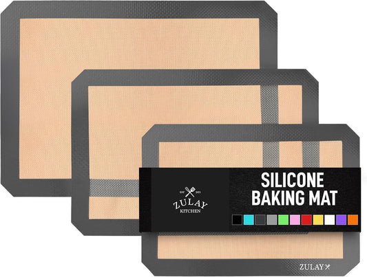 Zulay Kitchen 16.5"x11.6" 3-Pack Silicone Baking Mat Sheet - Reusable Silicone Baking Sheet - Easy & Convenient Nonstick Baking Supplies - Silicone Mats for Baking - Baking Mat For Oven - (Dark Gray)