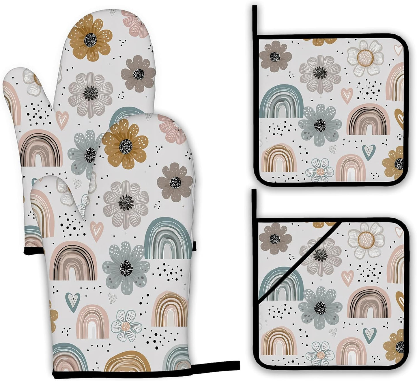 Cute Rainbows Oven Mitts and Pot Holders,Boho Floral Flowers Heat Resistant Oven Mitts Gloves and Pot Holder for Home Kitchen Decorations Cooking Baking BBQ Gifts,Set of 4