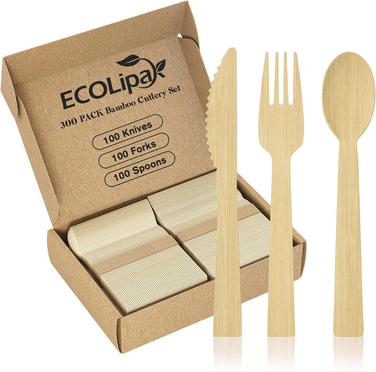 ECOLipak 300 Count Bamboo Cutlery Set, 100 Knives, Forks and Spoons each, No Splinters Disposable Cutlery Set Compostable Utensils for Party, Camping, Traveling, Family Dinners