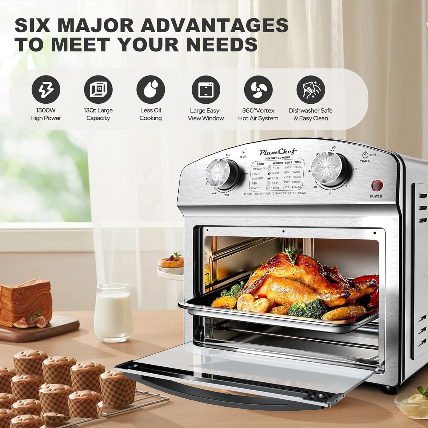 PlumChef 13 Quart 4 Slices Air Fryer Convection Toaster Oven with Reference Menu, 1500W,Multifunction with Roast, Bake, Grill, Broil, Silver