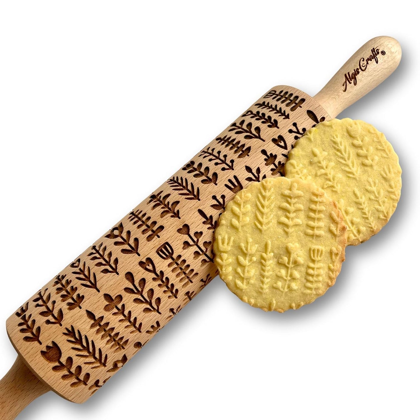 Embossed rolling pin HERBS. Leafy green and flowering plants on embossed dough roller