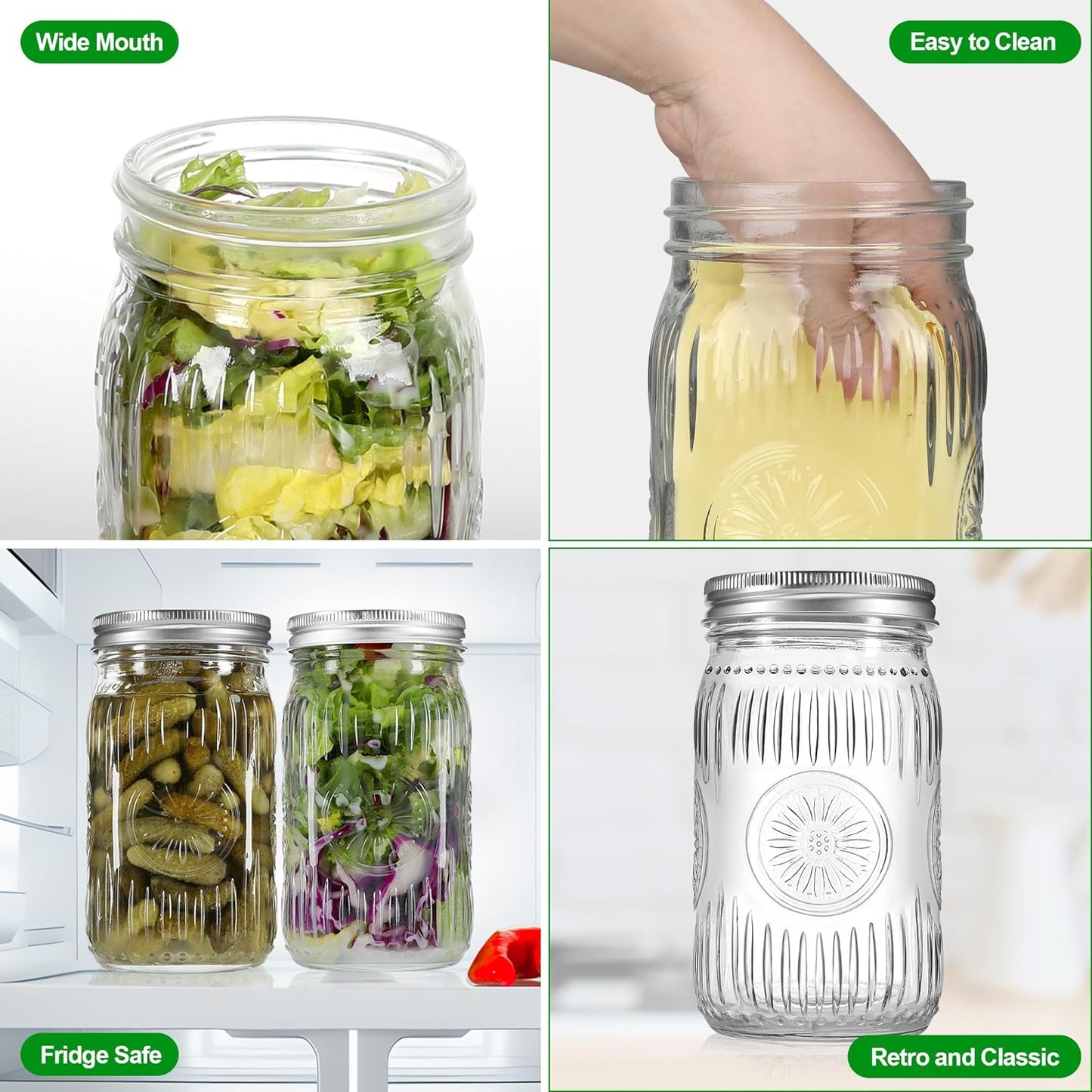 12 Pack 32 oz Wide Mouth Mason Jars with Airtight Lids - Glass Canning Jars for Food Preservation, Storage, Pickling, Crafts & DIY Projects, Durable Quart Glass Jars Dishwasher Safe