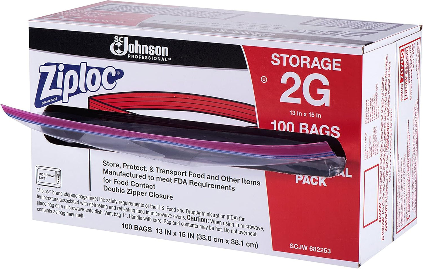 SC Johnson Professional Ziploc Storage Bags, For Food Organization and Storage, Double Zipper, 2 Gallon, 100 Count
