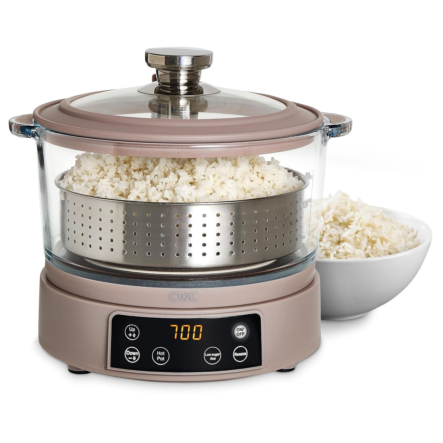 COOK WITH COLOR 3L Glass Low Carb Rice Cooker - Makes 6 Cups Cooked Low Sugar Rice with Auto Lift Filter Basket, Hotpot & Steamer for Rice, Grains and Oats, Digital Panel with Keep Warm, Greige