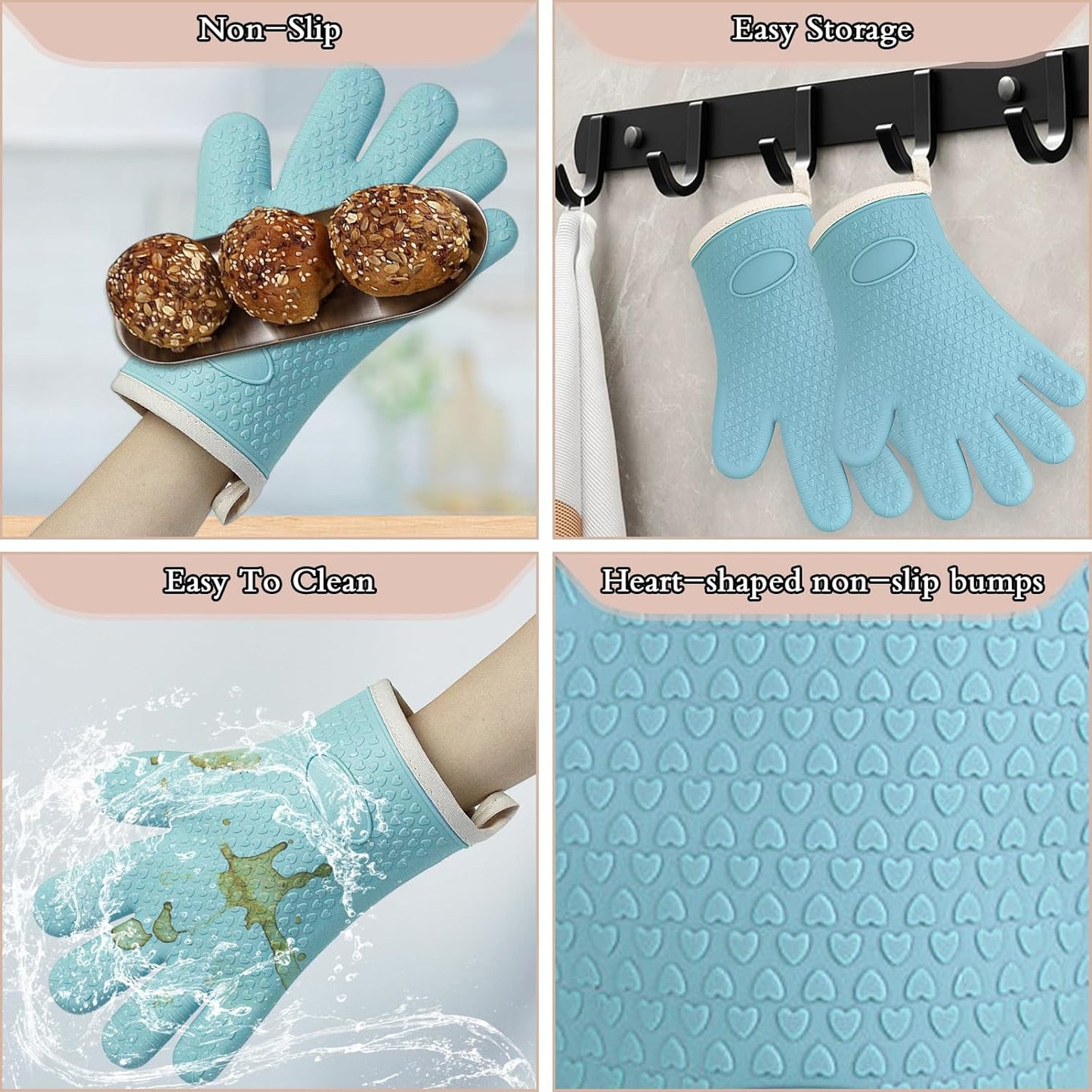 Oven Mitts with Fingers, Heat Resistant 500°F, Waterproof & Non-Slip Kitchen Gloves for Baking, Grilling, Cooking - 5-Finger Design with Soft Lining, Hanging Hook,Pale Blue