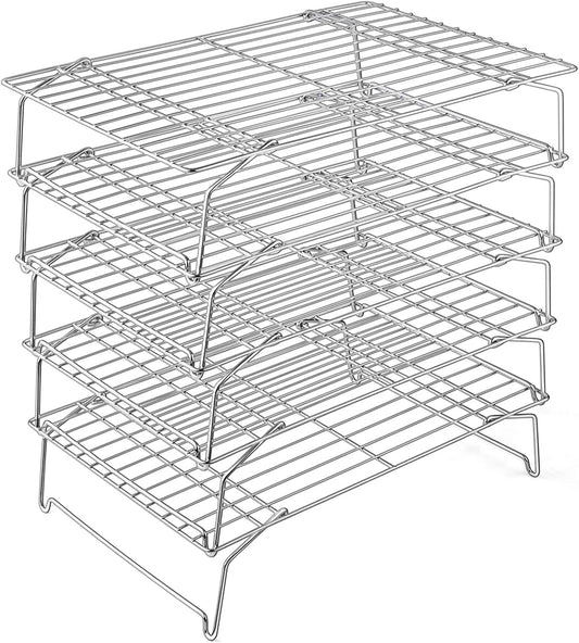 P&P CHEF Cooling Rack, 5-Tier Stainless Steel Stackable Baking Cooking Racks for Cooling Roasting Grilling, Collapsible & Heavy Duty, Oven Safe & Easy Clean, 15" x 10", Silver