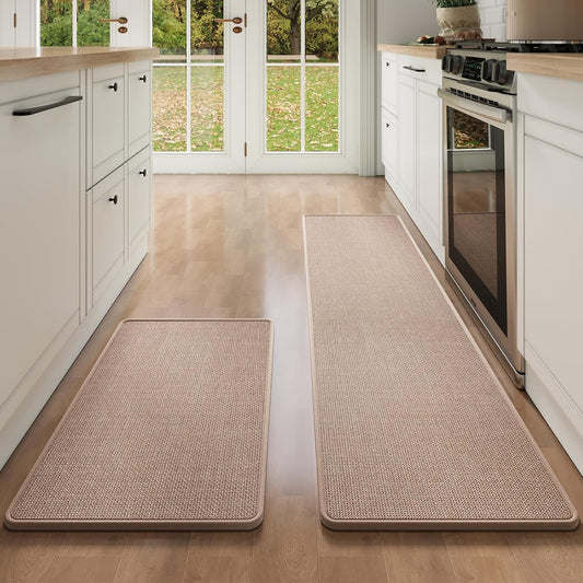 Kitchen Mat Set of 2 PCS, Kitchen Mats for Floor, Linen-Look Woven Absorbent Kitchen Runner Rugs Non Slip Washable Comfort Standing Mats for Kitchen, Front of Sink