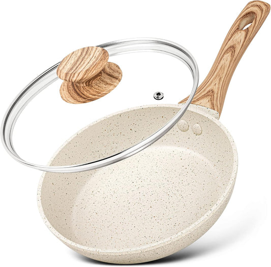 MICHELANGELO Small Frying Pan with Lid, 8 Inch Frying Pan Nonstick with Non-Toxic Coating, Granite Egg Pan with Anti-Scald Handle, Small Pan, White