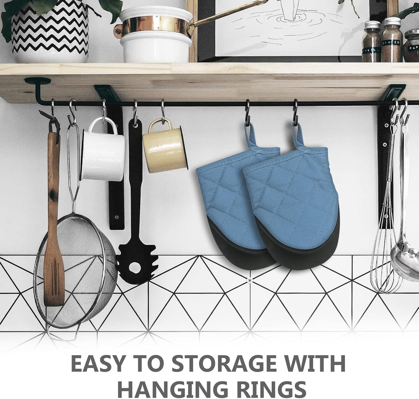 Qulable 1 Pair Short Oven Mitts - Silicone Kitchen Oven Gloves High Heat Resistant 500℉, Mini Oven Mits with Non-Slip Grip Surfaces and Hanging Loop for BBQ, Baking, Cooking and Grilling (Bule)