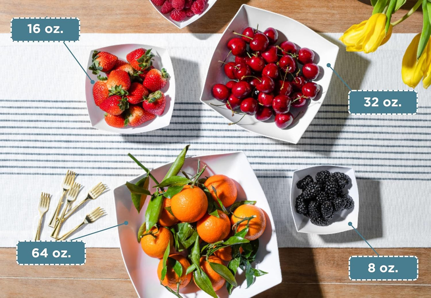 Posh Setting - White Plastic Serving Bowls for Party (8oz - 4 Pack) Square, Disposable, Salad & Fruit Bowls for Party Table, Candy Containers for Candy Buffet