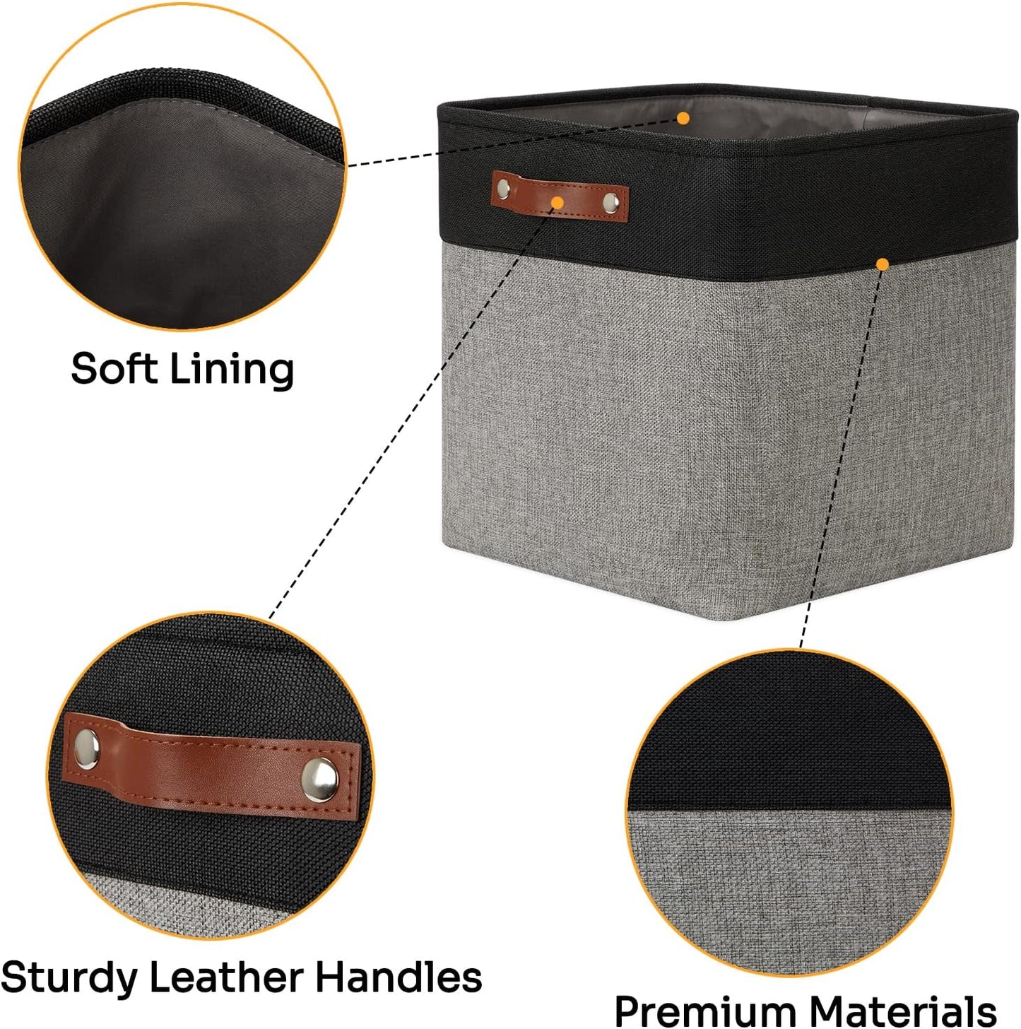 DULLEMELO Storage Bins for Organizing,Closet Storage Baskets for Gift Empty,Large Linen Canvas Storage Bins with Handles for Home Office Toys Shelves(Black&Grey, 13 inch Cube)