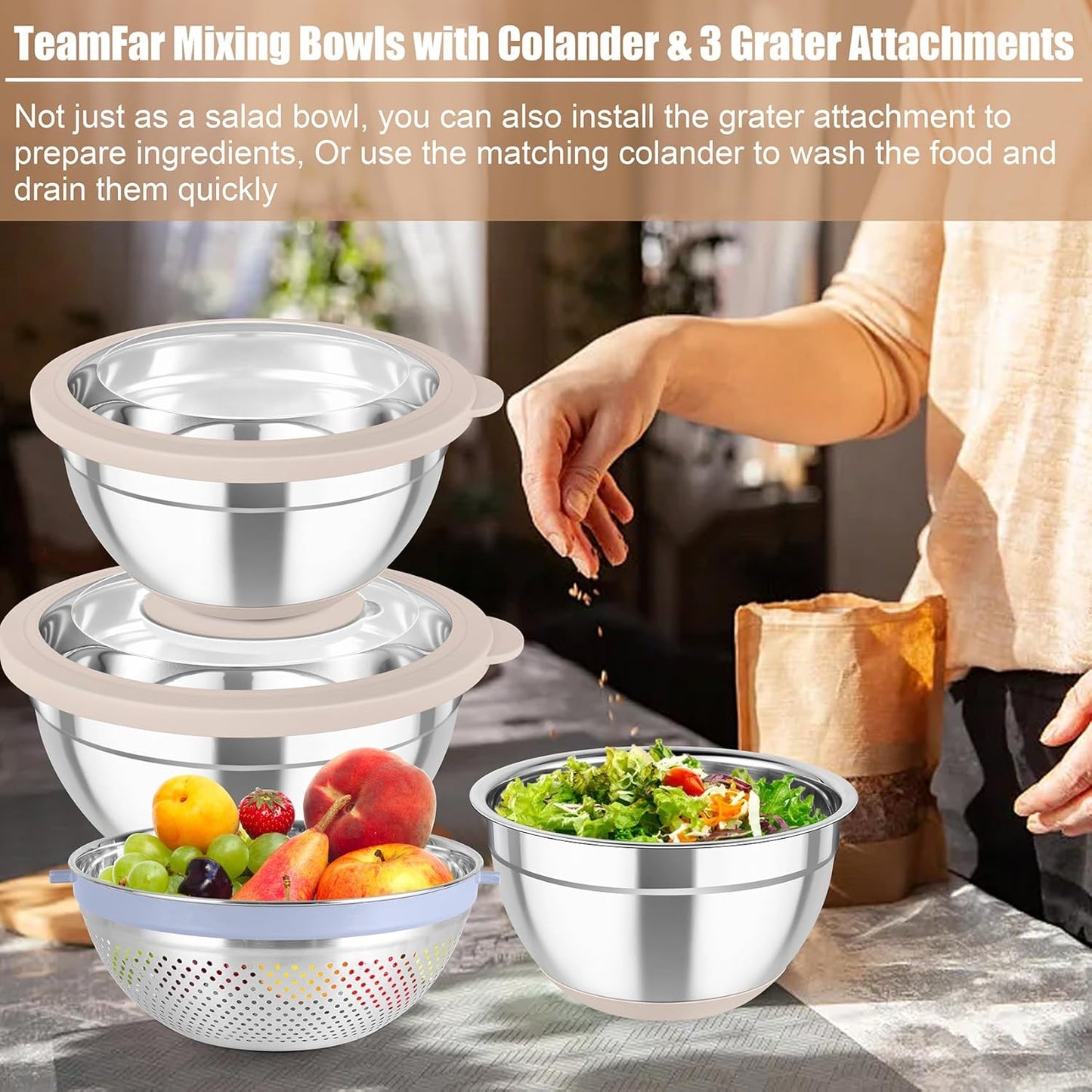 TeamFar Mixing Bowls with Colander Set, Stainless Steel Strainer and Nesting Salad Bowls, with Lids & 3 Graters, Non-Slip Bottom & Visible Lid, Rotatable & Dishwasher Safe, 4.6/3/1.5 QT, Khaki