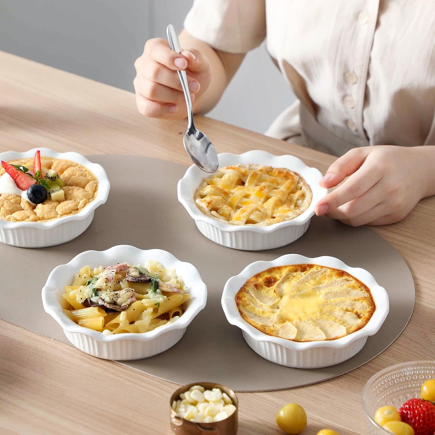 LOVECASA Ceramic Mini Pie Pans Set of 6-5.5 Inch Oven Safe Small Pie Dishes, Nonstick Mini Pot Pie Baking Tins for Chicken Pot Pie, Tarts, Quiches & Desserts, Stackable Ruffled Rims, White