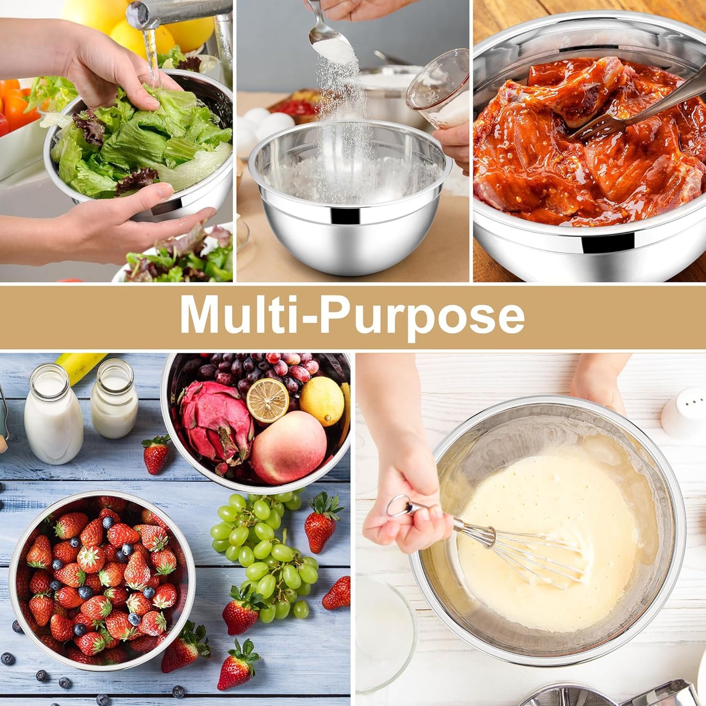 E-far Mixing Bowls with Lids, 12-Piece Stainless Steel Salad Bowls Metal Nesting Bowls for Baking Cooking and Prepping, Airtight Lids & Stackable Design, Size 7, 4.5, 3, 1.5, 1.2, 0.7 QT (Khaki)