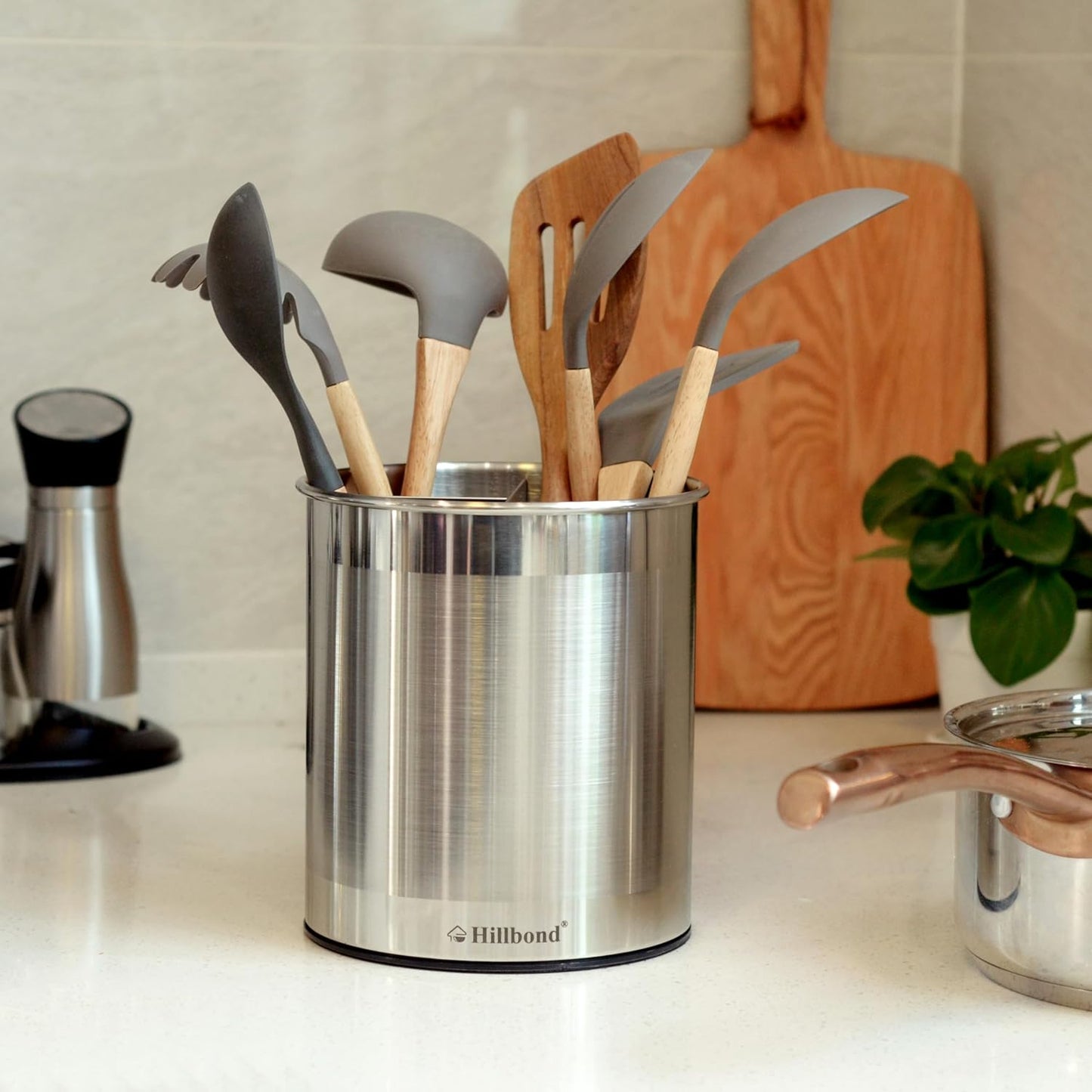 Hillbond Stainless Steel Utensil Holder for Kitchen Counter with Removable Divider, 6.9x7.5 inch Metal Utensil Holder for Countertop, 360° Rotating Spatula Crock for Cooking (EXTRA LARGE)