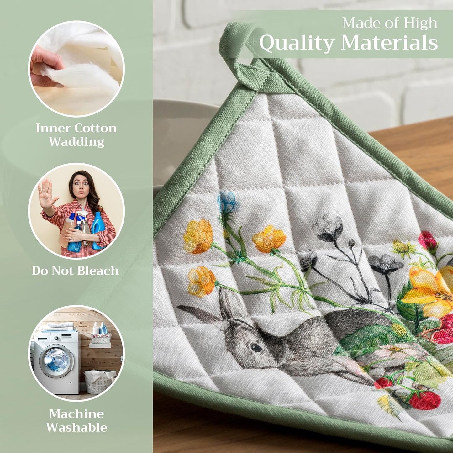 Maison d' Hermine Pot Holders 100% Cotton Heat Resistant Potholders 8" x 8" Hot Pads with Loop BBQ, Cooking, Baking, Grilling, Kitchen, Handling Hot Pans Spring/Summer (Pack of 1, Printemps)