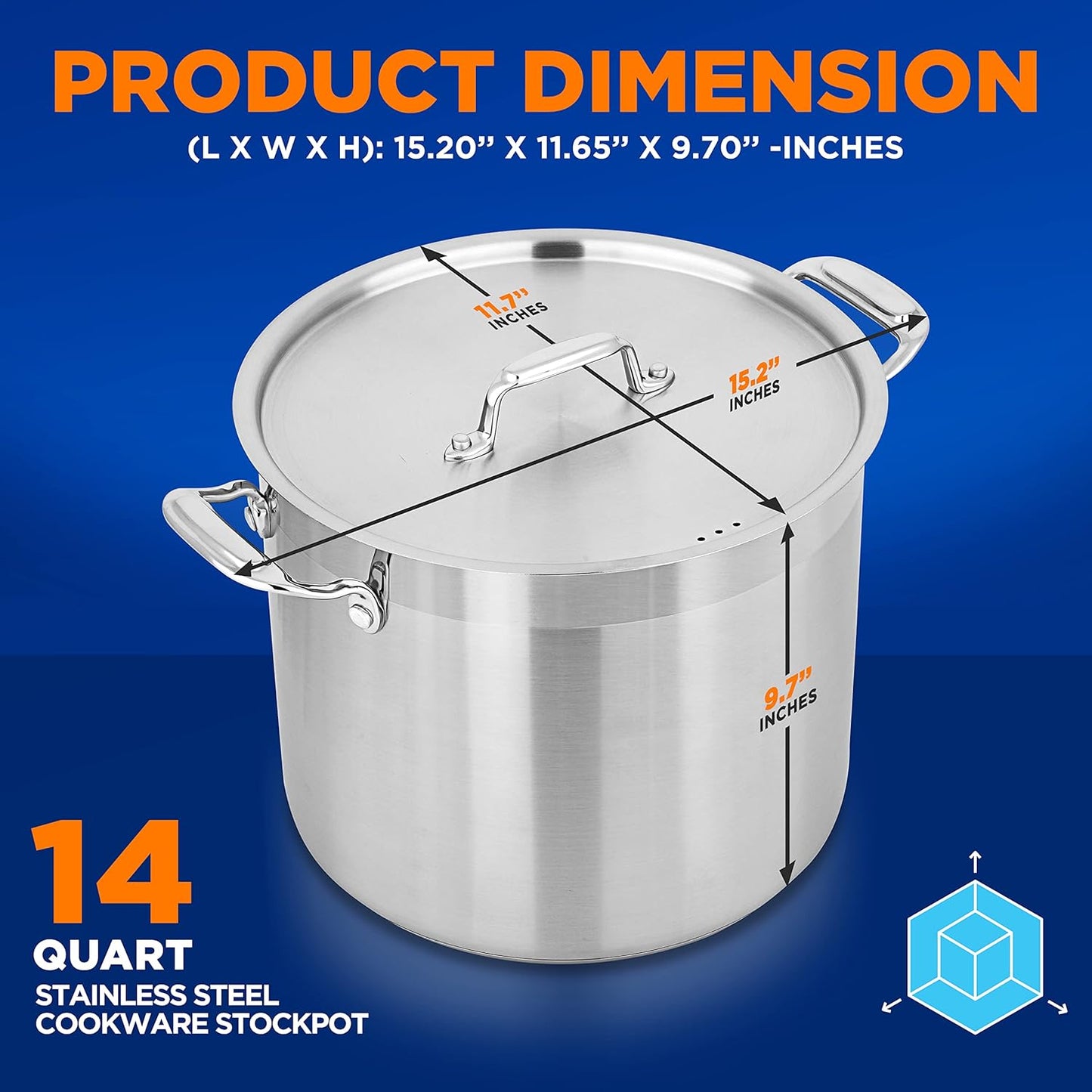 NutriChef 14 Quart Stock Pot with Lid - Heavy Duty Stainless Steel, Induction Ready, Ergonomic Handles