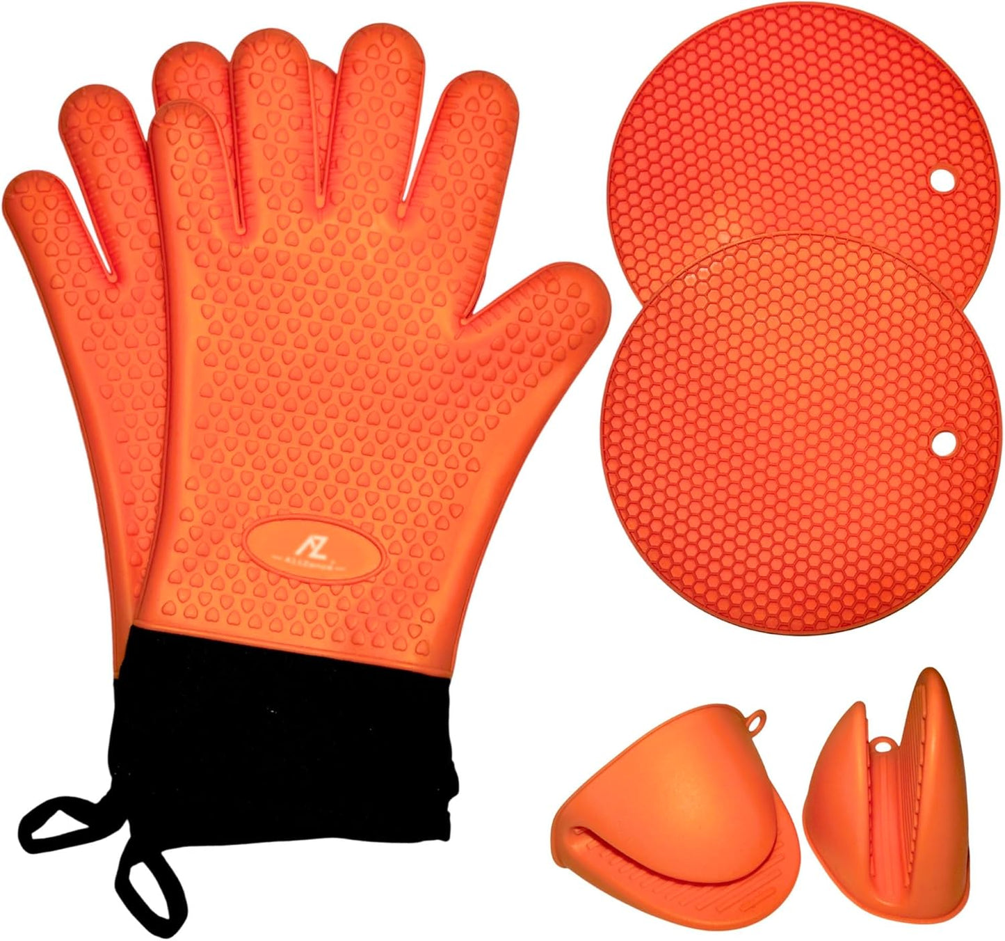 Silicone Smoker Oven Gloves & BBQ Set – Extreme Heat Resistant, Waterproof Oven Mitts, Mini Gloves, Hot Pads & Pot Holders for Cooking, Grilling, Baking, Extra Soft, Superior Value 6 pc Set. (Orange)