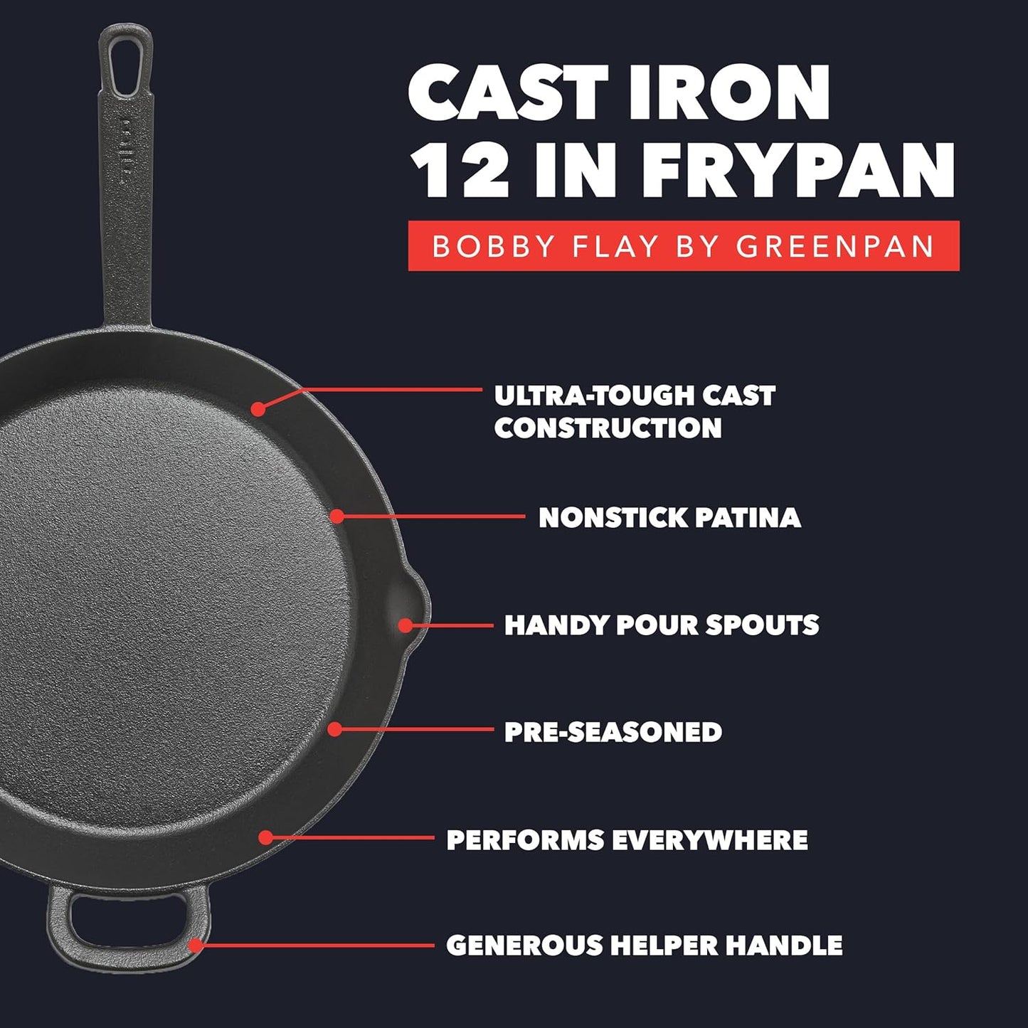 GreenPan x Bobby Flay 12” Cast Iron Pre-Seasoned Skillet with Helper Handle, Professional Grade Heavy Duty, Induction, Pour Spouts, Versatile Stovetop, Oven, BBQ Grill Fire, Indoor/Outdoor Use, Black