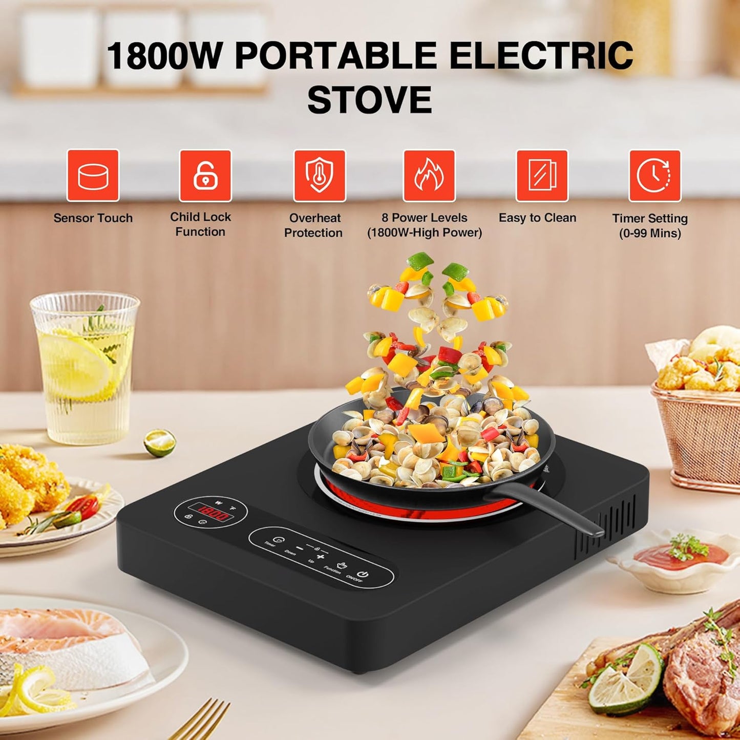 Single Burner Electric Cooktop 1800W - 110V Electric Stove Top Burner Portable Stove with LED Touch Control 10 Power Level, Hot Plate with Child Safety Lock, Timer and Overheat protection