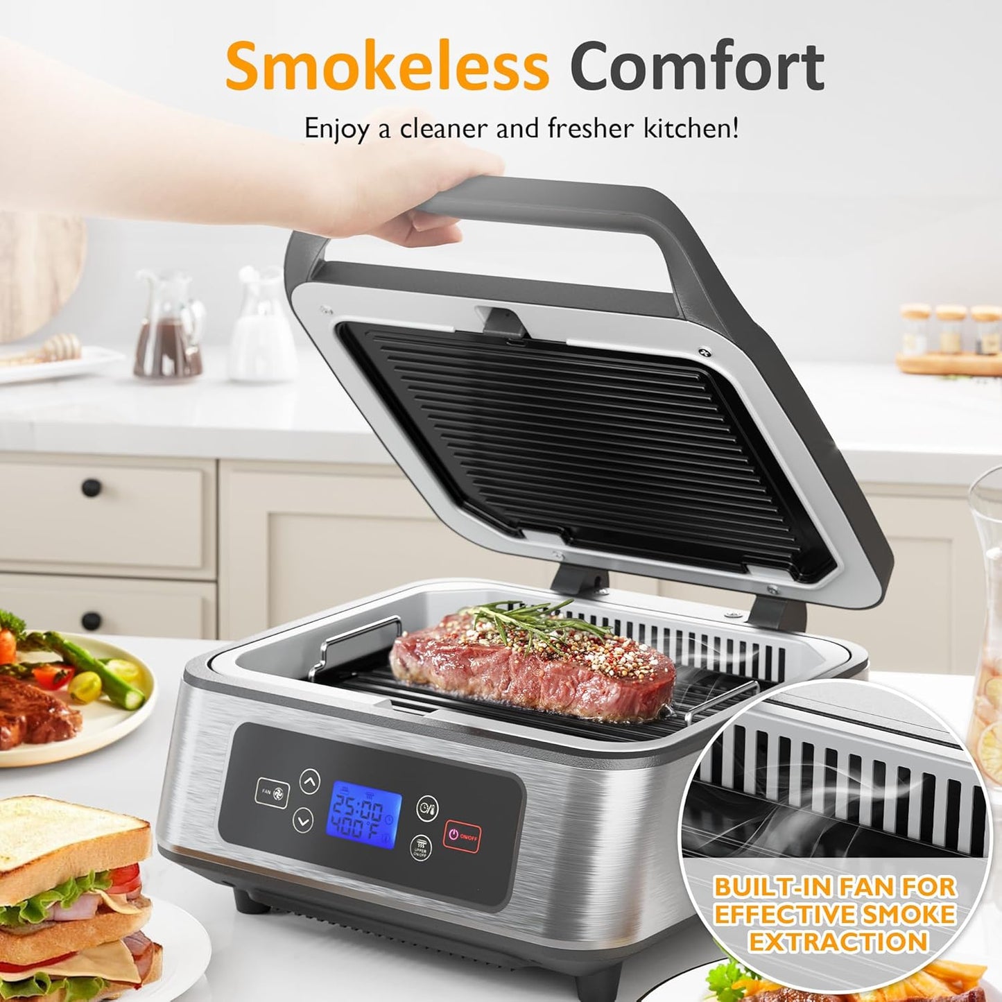 Sunvivi 1300W Smokeless Indoor Grill, Electric Panini Press Sandwich Maker with Auto-Lift, Fan, Independent Upper Heating, Smart Time & Temperature Control, Removable Non-Stick Plates