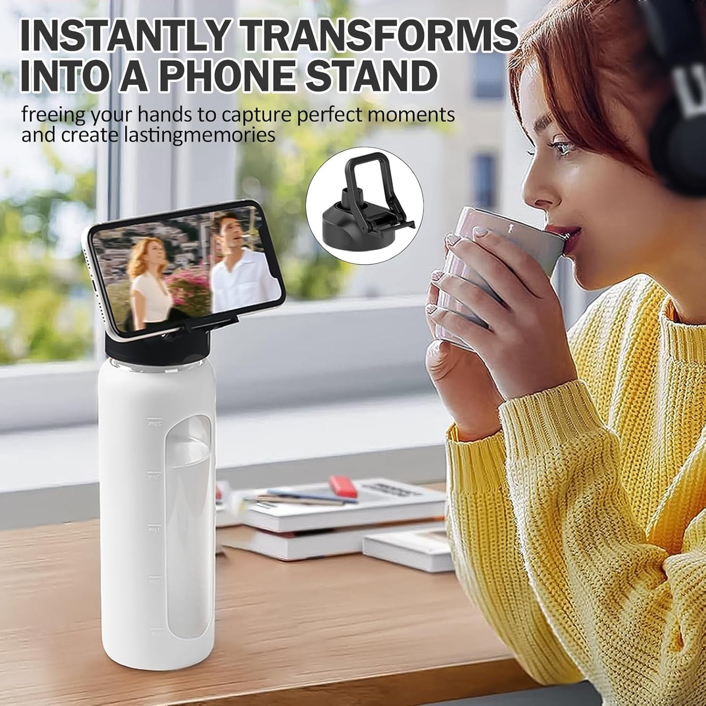 Glass Water Bottle with Straw, 24oz Glass Drinking Bottle with 2 Lids-Bamboo and Spout Lid with Phone Holder Handle for Gym Sports,with Silicone Sleeve and Time Marker,White