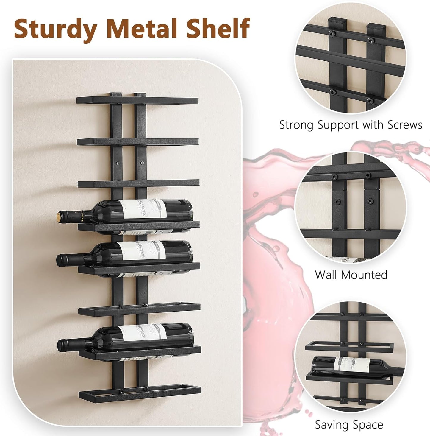 Hoctieon 2-Set 8 Tier Wall Mount Wine Rack (16 Tiers), Wall Racks for Wine Bottles Display and Storage, Hanging Bottle Organizer for Living Room, Dining Room, Wine Cellar, Bar, Black