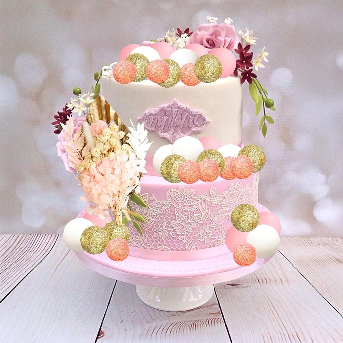 Gyufise 21 Pack Flower Boho Cake Topper Ball Cake Decorations Palm Leaves Plants Cake Decor for Girl Bohemian Princess Theme Wedding Baby Shower Birthday Party Supplies Gold Pink