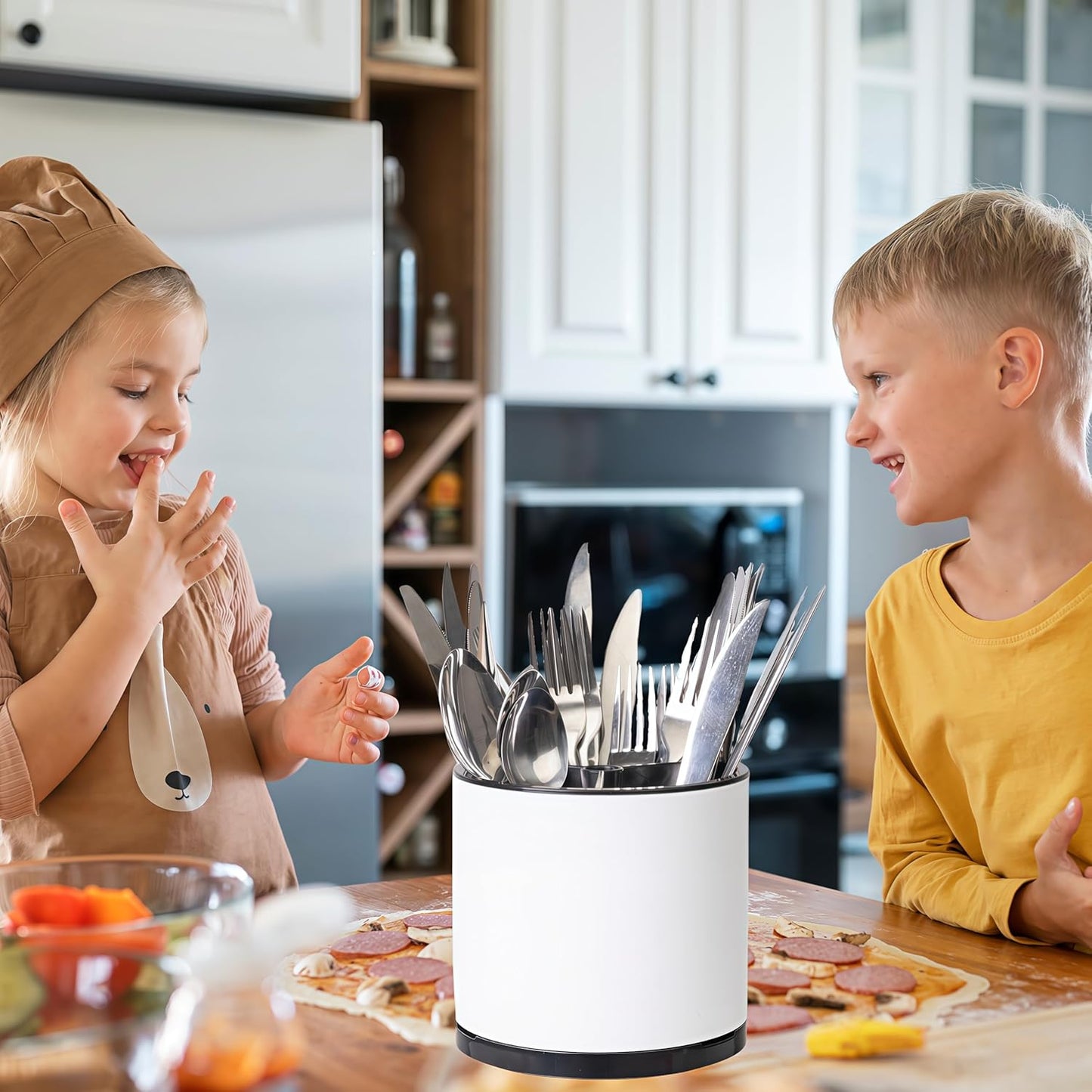 Kitchen Utensil Holder Silverware Organizer 360°Rotating For Counter Organizer Stainless Steel Storage Silverware Caddy 3 Compartment Flatware Spoon Spatula Tool Cutlery Container（White）