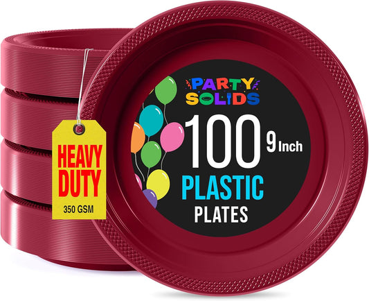 Exquisite Party Solids Burgundy Plastic Plates For Party 9" Burgundy Disposable Plates Heavy Duty Supplies 100 Pcs Plastic Dinnerware Sets Heavy Duty 350 GSM Disposable Dinnerware Set