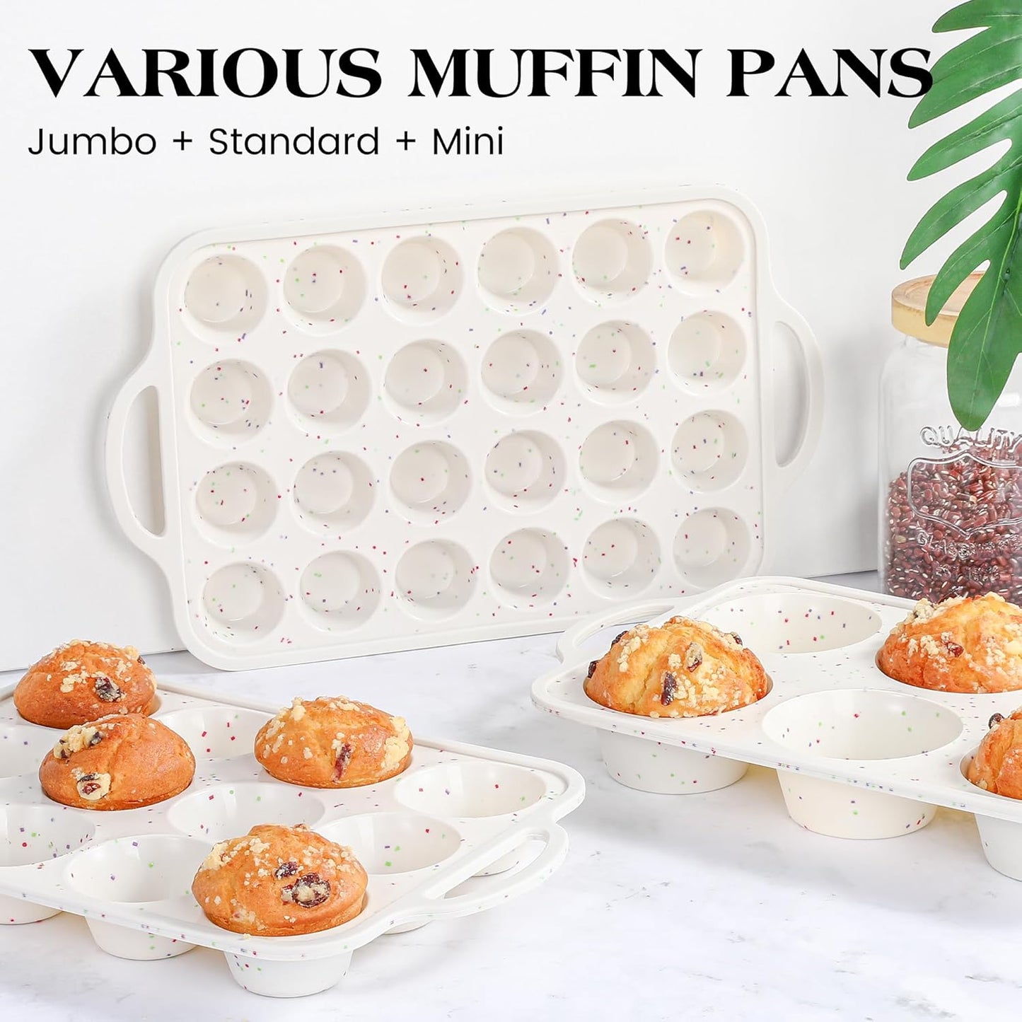 2 Pcs Silicone Mini Muffin Pan With Metal Frame, 24 Cups Nonstick Cupcake Tray for Baking, Small Muffin Molds with Handles (Cream)